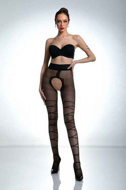 Amour „Dominatrice“ Halterlose Strumpfhose in Riemchen- & Bondage-Optik – Schwarz