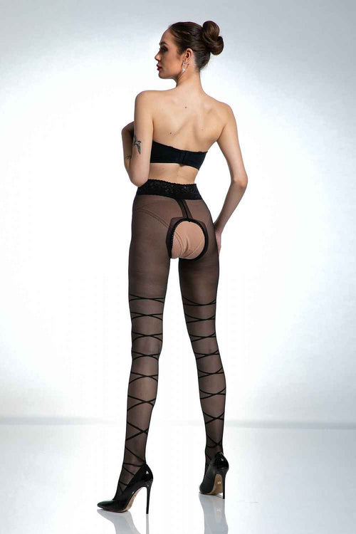 Amour „Dominatrice“ Halterlose Strumpfhose in Riemchen- & Bondage-Optik – Schwarz
