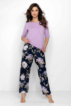 Momenti Per Me Marineblau-Bunter Damen-Pyjama mit 3/4-Ärmeln und floraler Mustertapete – AVÉLIE Lingerie