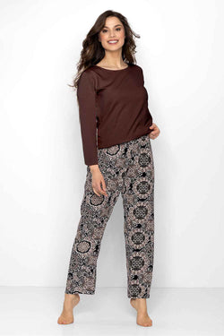 Momenti Per Me Kaffeebrauner Damen-Pyjama im gerippten Look mit langen Ärmeln und Muster-Hose – AVÉLIE Lingerie