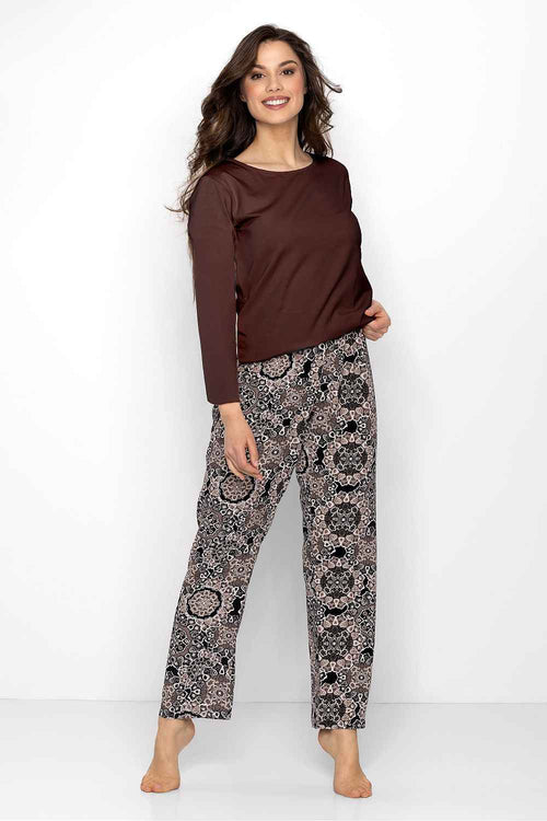 Momenti Per Me Kaffeebrauner Damen-Pyjama im gerippten Look mit langen Ärmeln und Muster-Hose – AVÉLIE Lingerie