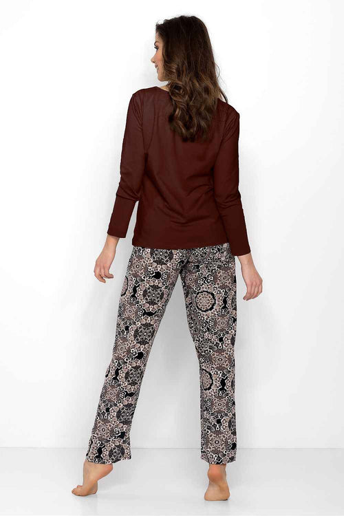 Momenti Per Me Kaffeebrauner Damen-Pyjama im gerippten Look mit langen Ärmeln und Muster-Hose – AVÉLIE Lingerie
