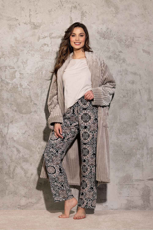 Momenti Per Me Beiger Damen-Pyjama mit 3/4-Ärmeln und langer gemusterter Hose – AVÉLIE Lingerie