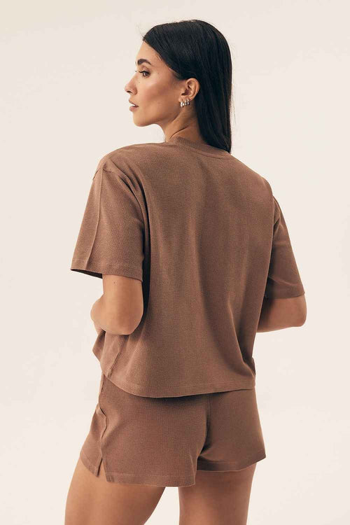 Henderson Brauner Baumwoll-Pyjama im gerippten Look mit Kurzarm-Shirt und Shorts – AVÉLIE Lingerie