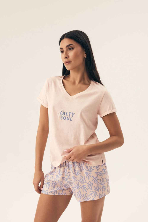 Henderson Rosa Baumwoll-Pyjama mit V-Ausschnitt und gemusterten Viskose-Shorts – AVÉLIE Lingerie
