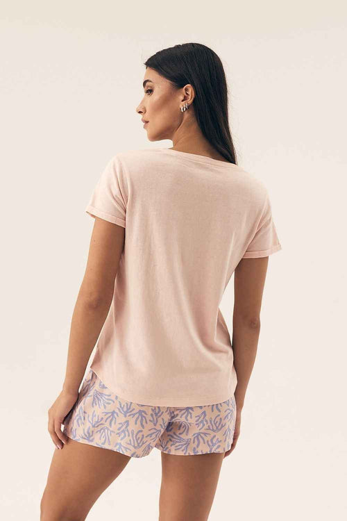 Henderson Rosa Baumwoll-Pyjama mit V-Ausschnitt und gemusterten Viskose-Shorts – AVÉLIE Lingerie