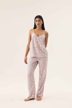 Henderson Beiger Baumwoll-Pyjama mit V-Ausschnitt und langer gemusterter Hose – AVÉLIE Lingerie