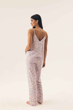 Henderson Beiger Baumwoll-Pyjama mit V-Ausschnitt und langer gemusterter Hose – AVÉLIE Lingerie
