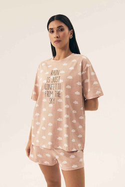 Henderson Beiger Baumwoll-Pyjama mit Kurzarm-Shirt und gemusterten Shorts – AVÉLIE Lingerie