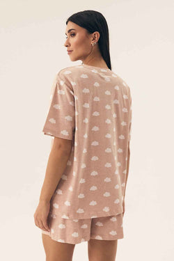 Henderson Beiger Baumwoll-Pyjama mit Kurzarm-Shirt und gemusterten Shorts – AVÉLIE Lingerie