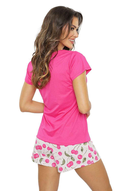 Donna Rosa Baumwoll-Pyjama mit „Bonjour“-Schriftzug und gemusterten Shorts – AVÉLIE Lingerie