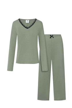 Momenti Per Me Salbeigrüner Viskose-Pyjama mit feiner Spitze und langen Ärmeln – AVÉLIE Lingerie