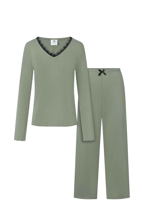 Momenti Per Me Salbeigrüner Viskose-Pyjama mit feiner Spitze und langen Ärmeln – AVÉLIE Lingerie