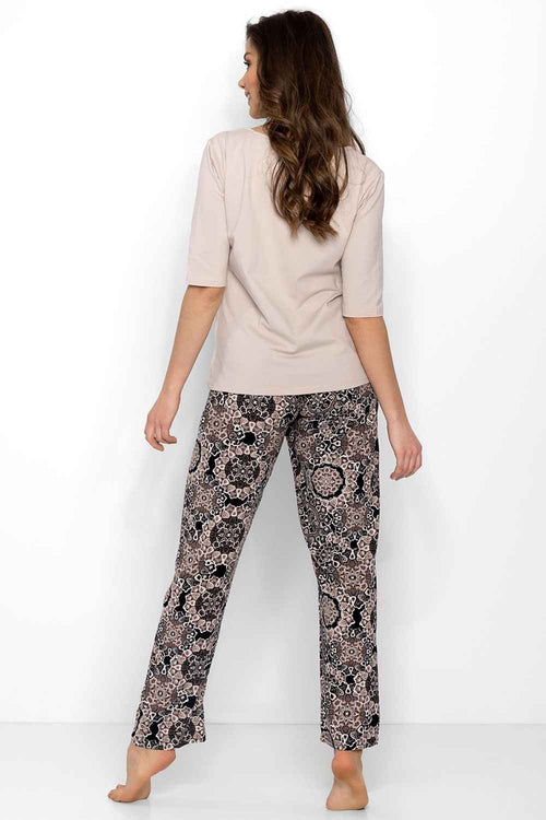 Momenti Per Me Beiger Damen-Pyjama mit 3/4-Ärmeln und langer gemusterter Hose – AVÉLIE Lingerie