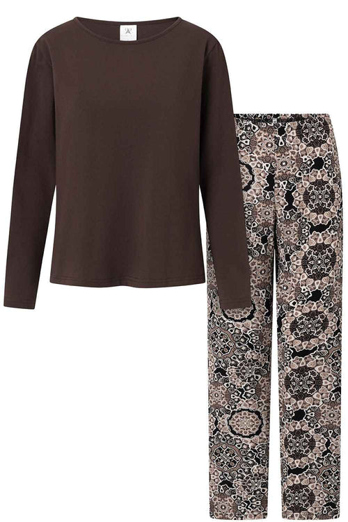 Momenti Per Me Kaffeebrauner Damen-Pyjama im gerippten Look mit langen Ärmeln und Muster-Hose – AVÉLIE Lingerie