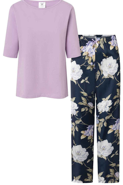 Momenti Per Me Marineblau-Bunter Damen-Pyjama mit 3/4-Ärmeln und floraler Mustertapete – AVÉLIE Lingerie